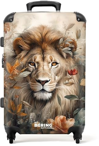 NoBoringSuitcases.com® Koffer Mittelgroß 67x43x25 cm Hartschalenkoffer Trolley Rollkoffer 4 Rollen Leicht Hartschale Größe M Löwe - Blumen - Braun