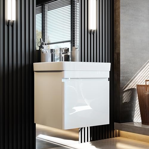 NewNewroom Waschbeckenunterschrank inkl. Waschbecken lackiert - Weiß Hochglanz - Hängend - mit viel Stauraum - 50x54x50 cm (BxHxT) - Badezimmermöbel, Waschtisch, Unterschrank