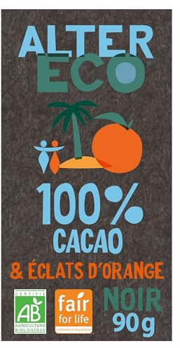 ALTER ECO - Tablette Chocolat Noir 100% Cacao et Orange - Bio & Équitable - 90 g