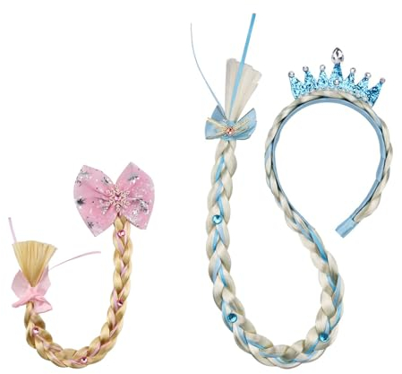 LWLWA 2 Stück Haarreif Mädchen, Kronen Stil Haarreif Prinzessin Zopf mit Schleife, Cartoon-Stil Haarreifen Mädchen mit Langen Falschen Zöpfen, Geeignet für Partys, Cosplay, Geburtstag