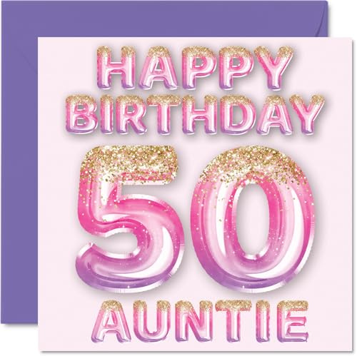 50th Birthday Card for Auntie, Pink & Purple Glitter Balloons | Happy Birthday Cards for 50 Year Old Aunt Aunty from Nephew Niece, 145mm Bday Greeting Cards Gift