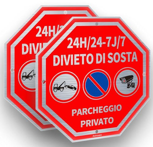 Cartello Parcheggio Privato - Divieto di Sosta Proprietà Privata in Alluminio per esterno metallo resistente - 2 Ashoaza Cartelli Stradali - Area Videosorvegliata 24H - Rimozione Forzata (Cm 20x20)