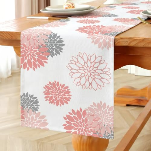 Vorysum Tischläufer Blumen Rosa Dahlien Tischläufer Modern Wasserabweisend Leinen，Dekoration Tischdecke Outdoor Sommer Garten für Hochzeit Esszimmer Party Urlaub Dekor 40 x 140 cm