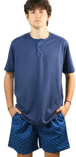 ARTIGIANI DEL PIGIAMA Pigiama Manica Corta Pantalone Corta 100% Cotone Modello Serafino e Pantaloni con Tasche 100% Made in Italy (IT, Testo, M, Regular, Regular, Avio Pant. Motivo timoni)
