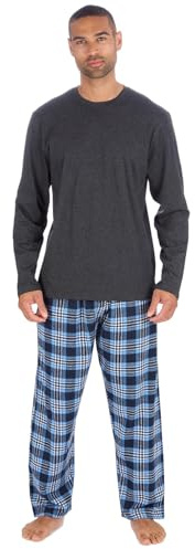 Style It Up Mens Long Sleeve Plain Top Checked Bottoms Sleepwear Pajama Set Crew Neck Warm Cozy Super Soft Adults Loungewear (BLUE-CHARCOAL, S)