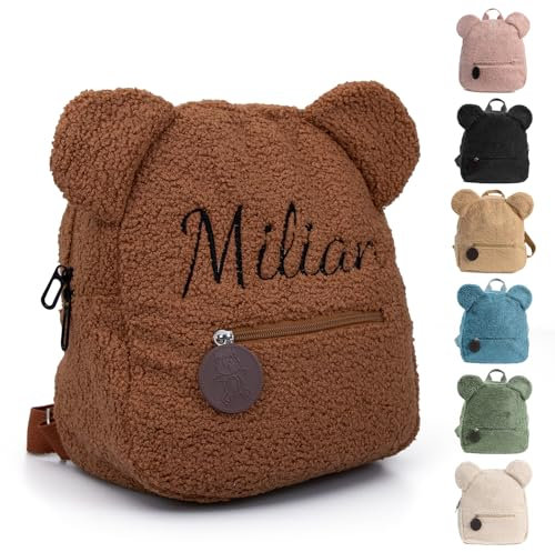 Generisch Personalisierte Kinder Rucksack, Gestickt Kindergartenrucksack Mädchen Und Jungen, Teddy Rucksack Kleinkind Mit Namen Mini Baby Rucksack Kita Und Kindergarten (Braun)