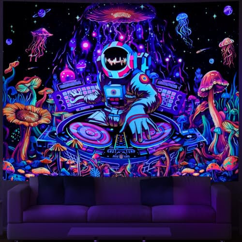Amhokhui Schwarzlicht-Astronauten-Tapisserie, UV-reaktiv, lustig, DJ-Musik-Tapisserie, Trippy, ästhetischer Wandteppich, Galaxie, Weltraum, Wandteppich, Blume, Wandbehang, Dekoration für Zuhause