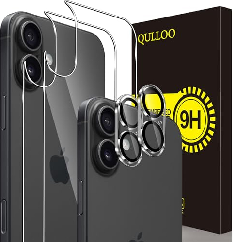 QULLOO Rückseite Schutzfolie für iPhone 16, 2 Stück Rückseite mit 2 Stück Kameraschutz, 9H Hinten Gehärtetes Glas Vollabdeckung Schutzglas Zurück Folie