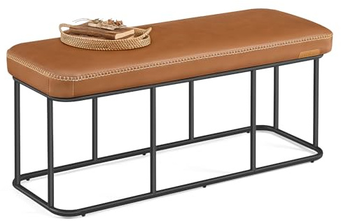 VASAGLE EKHO Collection - Storage Bench for Entryway, Ottoman Bench with Steel Frame, 43.3-Inch Wide, Synthetic Leather, Living Room, Mid-Century Modern, Loads 660 lb, Caramel Brown ULOM085K01