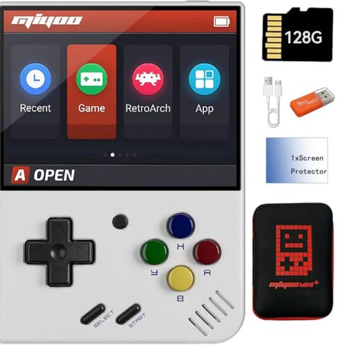 Miyoo Mini Plus Console de jeu portable rétro avec étui de rangement, écran IPS de 3,5, système Linux, carte TF 128 Go intégrée et 12 000 jeux, prise en charge de la bataille WiFi (blanc, 128 Go)