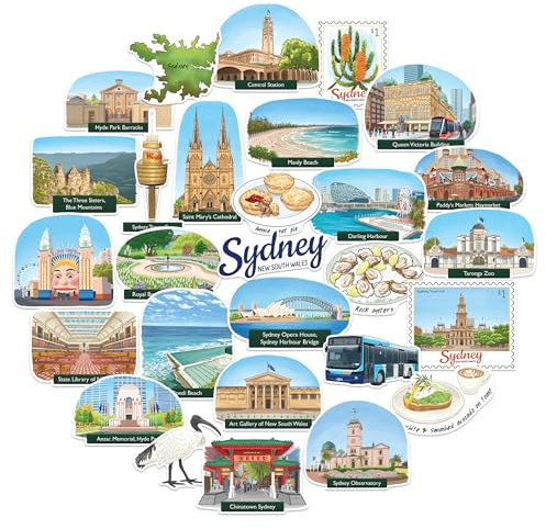 Navy Peony Spektakuläre Sydney-Reiseaufkleber (28 Stück) - Handgezeichnet, Gouache-Stil, Australien-Thema Aufkleber für Journale, Scrapbooks, Laptop