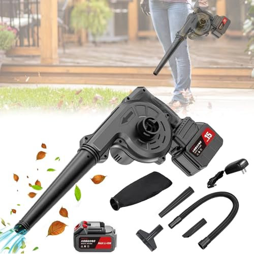 750W Akku Laubbläser, 2 in 1 Blasen und Saugen Kabellos Gebläse Turbokomprimiert mit Fangsack und Akkus und Ladegerät für Garten, Rasenpflege, Gartenarbeit, Schneeräumung