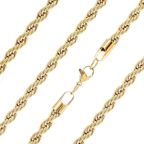 Caijewl Mens Gold Rope Chain | Stainless Steel Gold Plated | Waterproof & Tarnish Resistant | Heavy Jewellery for Men (5mm wide, 30.0 Inches)