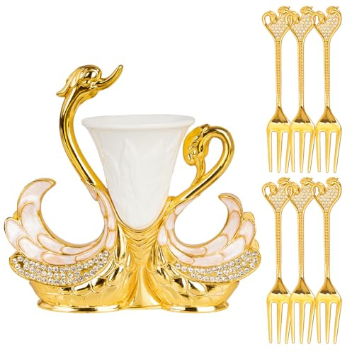 Gold Dessert Forks, Swan Base With 6 Pcs Mini Forks Set,4.5 Charcuterie Forks- Very Suitable for Dessert Shops or Family Use