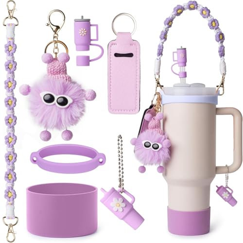 7PCS Stanley Cup Accessories Set Including I Water Bottle Handle Strap,Silicone Cup Boot, Keychain Charms & 3 Pcs Handle Charms,Straw Topper Accessories for 40oz & 30oz Stanley Tumbler (Purple)