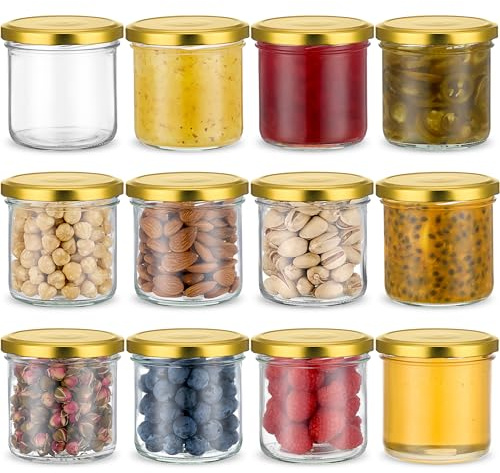 Danmu Art 12 Pack 260ml Glass Jars with Gold Lids 70mm Wide Mouth- Airtight Round Containers for Homemade Jam, Chutney, Pickles - Leakproof Reusable for Kitchen Storage & Gifts