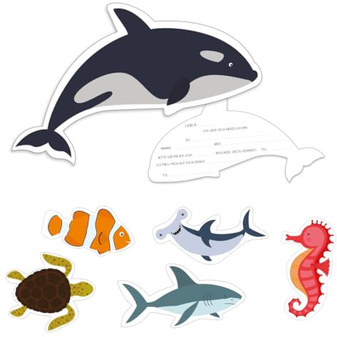 PuK Ozean Einladungskarten | Meerestiere Einladungen Kindergeburtstag | 12 Karten mit 6 Meeresmotiven | Hai, Orca & Seepferdchen | Perfekt für Unterwasser-Party & Einschulung (02)