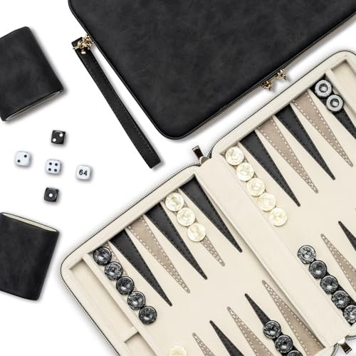 Backgammon-Sets für Erwachsene, klassisches Brettspiel mit faltbarem Kunstleder Backgammonetui, tragbares Reise-Backgammon-Set, inklusive 30 künstlichen Horn-Checkern (Black)