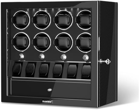 DUKWIN Watch Winder for 2/4/6/8 Automatic Watches, Lockable Watch Winder with Jewelry Storage, Quiet Mabuchi Motor with Piano Lacquer Finish, Built-in Illumination