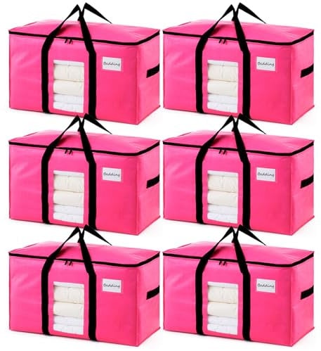 TAILI Moving Bags Extra Large,Heavy Duty Storage Bags with Zips for Clothes,Reinforced Handles & Clear Window,Beddings,Duvets,Travel,Camping,moving,Loft Storage(6 Pack pink)