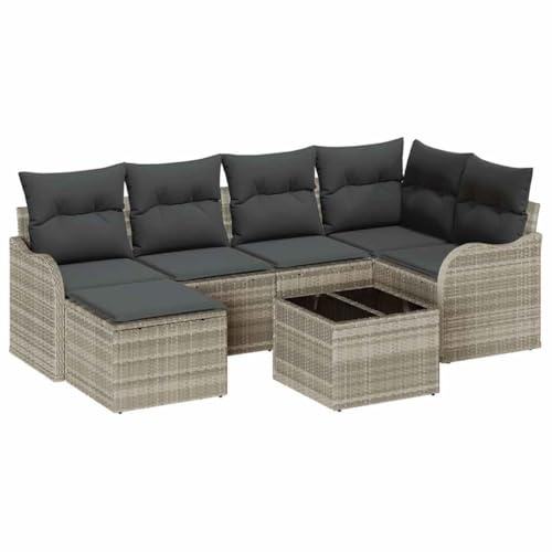 vidaXL 7-teiliges Garten-Sofa-Set mit Kissen in Hellgrau und Schwarz, modulares Outdoor-Sitzmöbel, wetterfest, bequemer Lounge-Tisch für Rattan-Terrasse, stylish und modern.