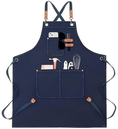 OLIPHEE Delantal de Cocina Hombre Mujer Delantal de Trabajo Impermeable Ajustable con 3 bolsillos para Cocina Barbacoa Restaurante Café Jardinería Pintura Azul (mas Impermeable)