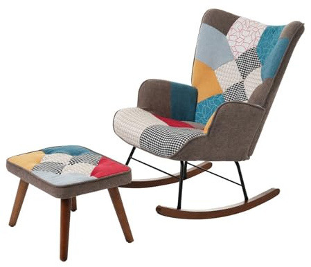 Bequemer Schaukelstuhl mit Rückenlehne und Fußhocker aus Massivholz und Eisen, modernes Patchwork-Design, gepolstertem Sitz, ergonomischer Form, Freizeitstuhl für Wohnzimmer Schlafzimmer (Bunt)