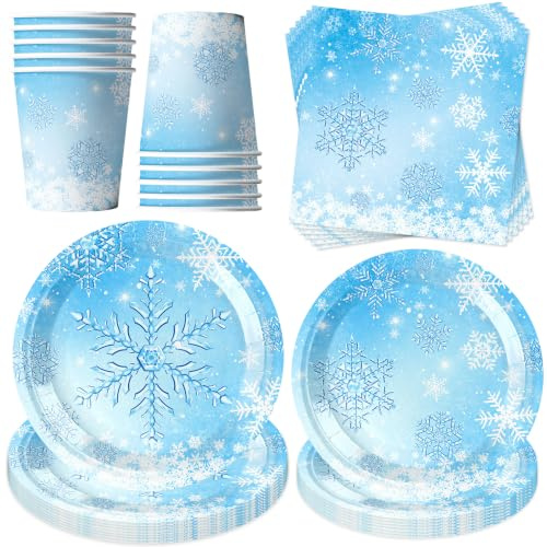 50 Stück Schneeflocke Partygeschirr Set,mit Pappteller Becher Servietten | Winter Geschirrset,Schneeflockenmotiv Geburtstag Deko,Partyzubehör Geschirr,für Geburtstag Partydeko Tischdeko für 10 Gäste