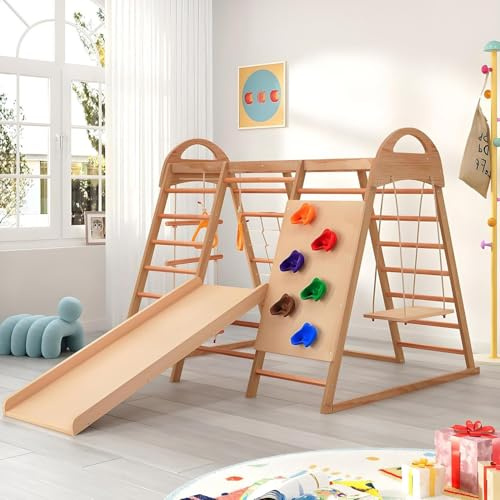 DHMYDPDZ 7 in 1 Kinder Klettergerüst,Ausgestattet mit Rutschen, Kletterwänden, Reckstangen, Holz- und Strickleitern sowie Kletterseilschaukeln,Vielseitiger Spielturm,Indoor & Outdoor Kletterturm
