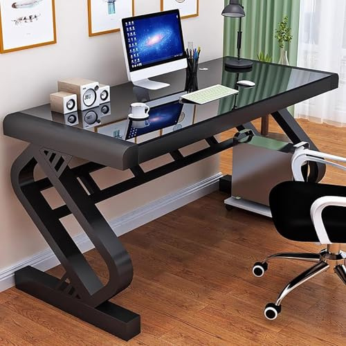 JingNian Tempered Glass Computer Desk, Modern Z-Shaped Office Desk with Glass Top, Sturdy Writing Table for Home Office, Gaming Desk Workstation, Easy Assembly(Black Black,140x60x75cm)