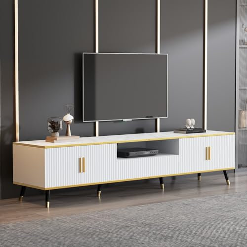 PUGSDRLY Meuble TV Bas Moderne 200 x 40 x 46 cm, avec 2 Portes et 1 tiroir, façade Effet marbre, Design élégant pour écrans Jusqu’à 90 Pouces