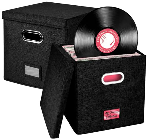 Packool 2 PCS Vinyl Record Storage Boxes, Foldable Organizer Crate Cube Bin with Lid, 13 in Black Linen Fabric Case for 100+ LP Albums, Stackable Box for Records, Books, Office or Living Room