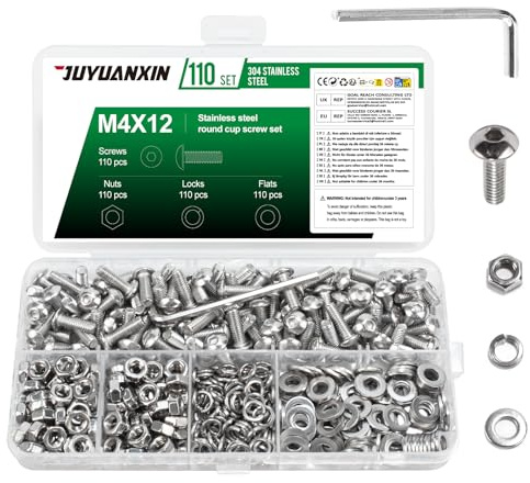 110 Set M4 x 12 mm Nuts and Bolts Assortment, Hex Socket Button Head Screws Bolts and Nuts Set, Stainless Steel Allen Machine Screws with Flat & Lock Washers Set