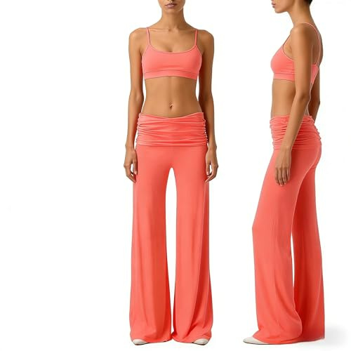 Coral Fold Over Yoga Pants Damen, Weite Lounge Hose Mit Raffung, Loose Fit Uni Corals Pants 2026 Coral Fold-Over-Yogahose,Korallfarbene Faltenhose, Weite Palazzo Hose Mit Hohem Umschlagbund
