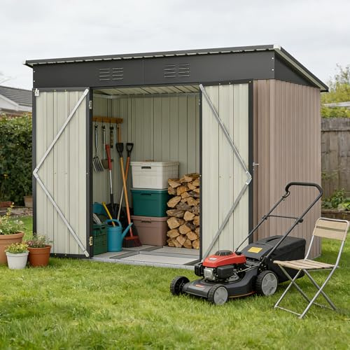 DRIXNO Metall Gerätehaus, 229x111x182 cm Garten Schuppen, Gartenhaus Geräteschuppen mit stabilem Metallfundament, Stauraum für Gartengeräte, Inkl Metallfundament, Ohne Boden, Braun
