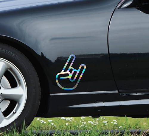 Heavy Metal Rock Hand Aufkleber fürs Auto, Schwarz Glanz, 10 cm x 15,4 cm, für Auto, Motorrad und Wohnwagen - Wohnmobil (oilslick Hologrammfolie)