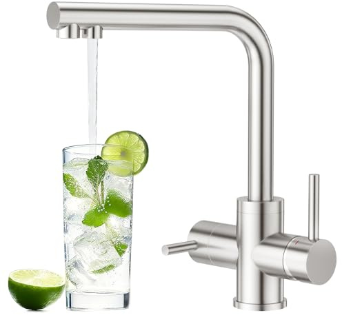 CREA Rubinetto 3 Vie 3 in 1 per Filtro Acqua, Rubinetto da Cucina in Acciaio Inox Girevole 360°, Doppia Leva per Acqua Potabile e Normale, Superficie Spazzolata
