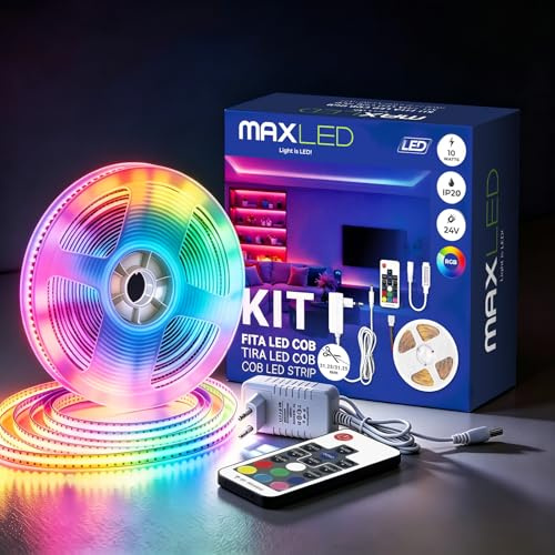 Maxled, Light is Led! Tira de LED COB 24V 5M RGB con Control Remoto y AC Enchufe LED Strip Light 576LED/M Banda Flexible DIY Tiras Led para Habitación TV Cocina Gabinete SIN Fuente de Alimentación