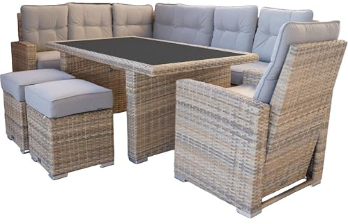Ragnarök-Möbeldesign hohe Dining Lounge - DEUTSCHE Hersteller PolyRattan Gartenmöbel Schwarzes GlasZwei hellbraune halbrunde Sofas graue Kissen