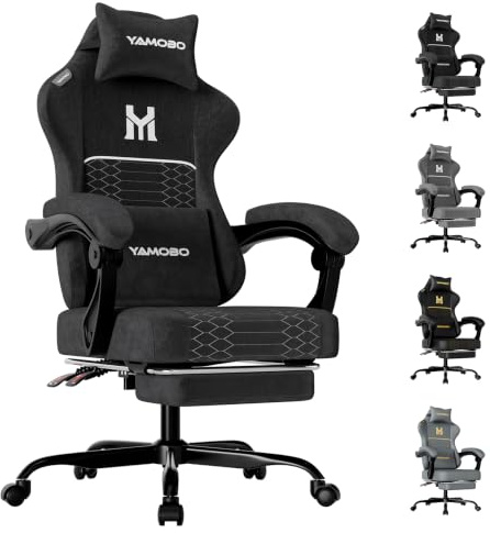 YAMOBO Gaming Stuhl Ergonomisch Gaming Chair für Büro&Computer StoffSchwarz | Mit Fußstütze Nackenkissen Lendenmassagekissen, Höhenverstellbar, Abriebfeste atmungsaktive, Tragkraft bis 150 kg