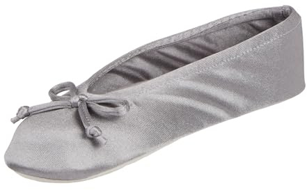 Isotoner Women's Stretch Satin Ballerina Slippers with Soft Bow, Suede Sole, and Terry Lining, Ash, 9.5-10.5