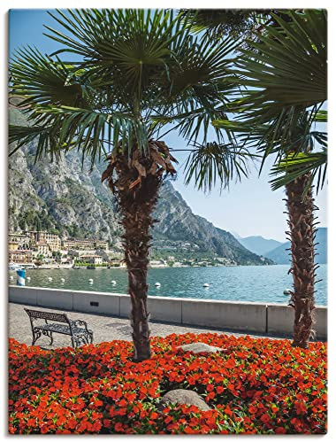 ARTLAND Wanddeko Leinwand Bilder Wandbild 45 x 60 cm Natur Pflanzen Palme Pier Promenade Idyll See Gardasee Berge Südtirol Italien Q3BO