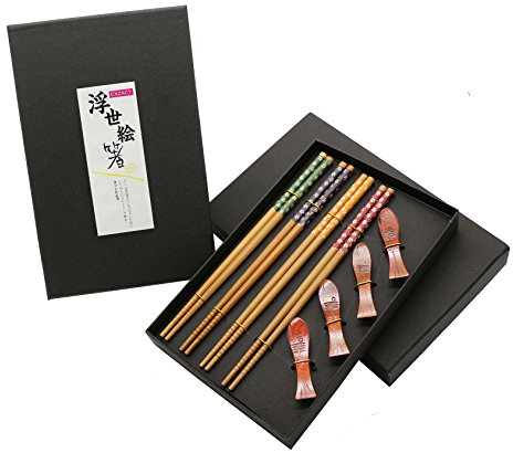 Exzact Palillos 4 pares de palillos de bambú natural reutilizables con 4 apoyos para palillos de madera, en una hermosa caja negra hecha a mano, estilo japonés decorado