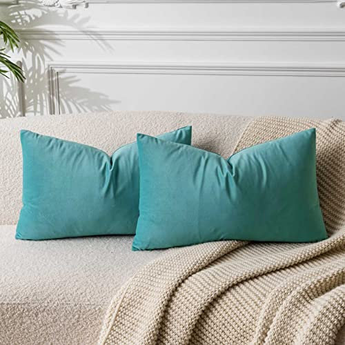 JUSPURBET Blaugrün Lendenkissen Samt-Kissenbezüge 30cmx50cm 2er-Set für Wohnzimmer Couch Sofa Schlafzimmer Dekorative Rechteckig Feste Weiche Kissenhüllen mit unsichtbarem Reißverschluss