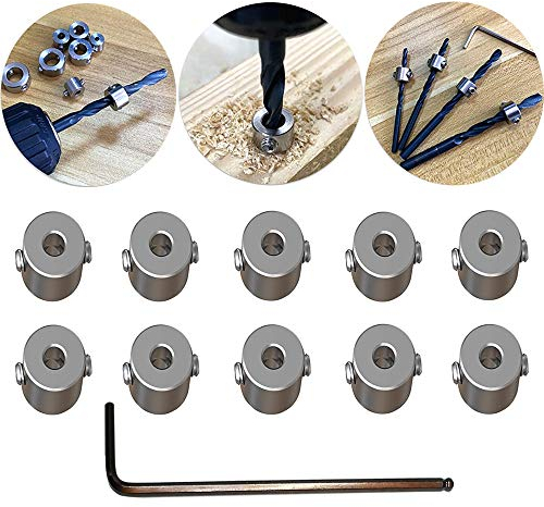 Tiefenanschlagringe Set,CESFONJER Tiefenbegrenzer Bohrer Ring Positionierer(ID:3mm,10 Stück), mit Sechskantschlüssel für Bohrer Holzbearbeitung
