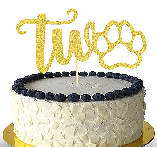 Tortenaufsatz zum 2. Geburtstag, goldfarbener Glitzer, Kuchendekoration für zwei Geburtstage, Dekoration für Babys, einseitiger Kuchenaufsatz mit Hundepfote, Fotoautomaten-Requisiten,