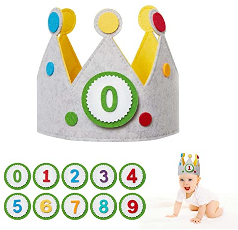 Geburtstagskrone, Geburtstagskrone Kinder, Krone Geburtstag, Geburtstagskrone Stoff, Geburtstag Kinderkrone für Jungs & Mädchen mit Auswechselbaren Zahlen von 0 - 9, 27 x 17 x 2.3cm, Grau