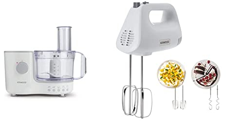 Kenwood Compact Food Processor, 1.4 L Bowl, White & Hand Mixer,Electric Whisk, 5 Speeds, Stainless Steel Kneaders and Beaters for Durability and Strength, 450 W, HMP30.A0SI, White