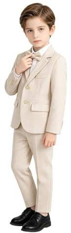 LOLANTA 3-teiliges Jungen Plaid Anzug Set, Eleganter Blazer für Hochzeits-Abschlussball, Formelle Kleidung Jacken-Hose-Fliege Set (13-14 Jahre, Beige)