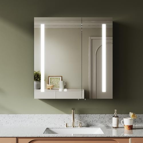 ELEGANT Bathroom Mirror Cabinet with LED Lights & Shaver Socket, 630x650mm | Fully Assembled, Dimmable, Anti-Fog, Built-in LED Light Strip, Touch Sensor, Adjustable Shelves, Wall Mounted Mirror Cupboard